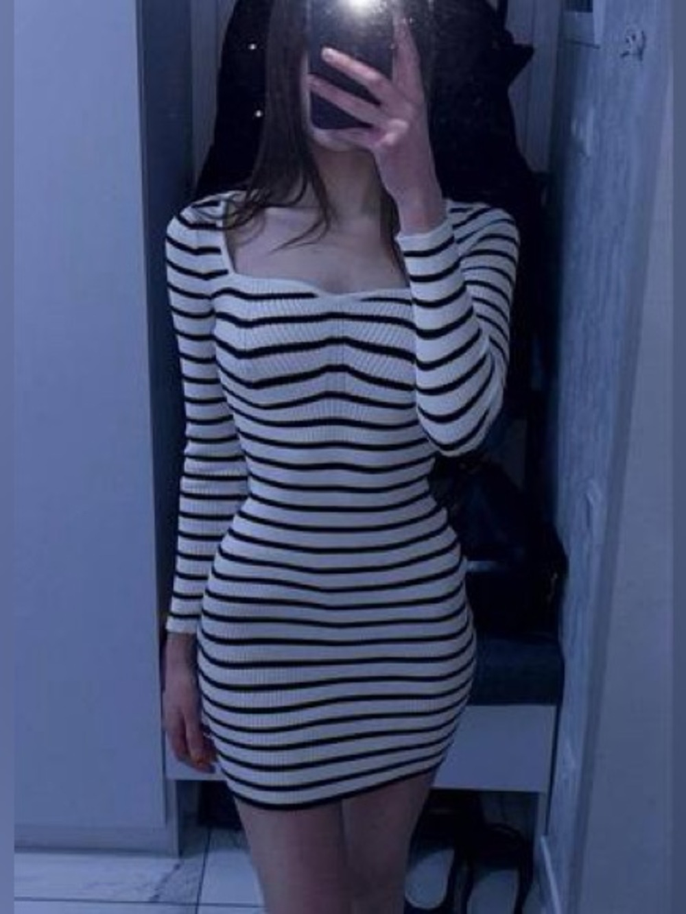 H&M black and white striped ribbed knit mini sweater dress NWOT